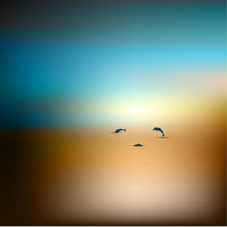 Sunset beach  Sea with dolphins  Vector background illustration  のイラスト素材