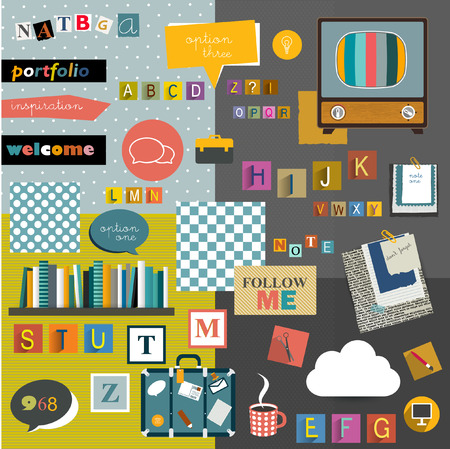 Set of colorful collage. Stickers, reminders, alphabet letters, icons. Vector background.のイラスト素材