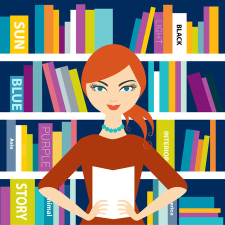 Bookstores saleswoman holding a book. Flat vector.のイラスト素材