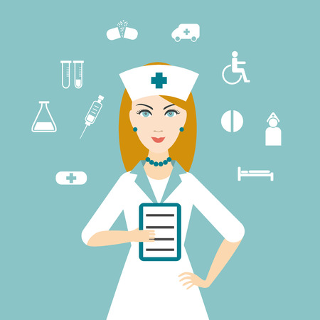Nurse with medical icons. Flat design.のイラスト素材