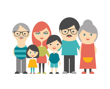 Multi generation family. Parents, children and grandparents. Flat design.のイラスト素材