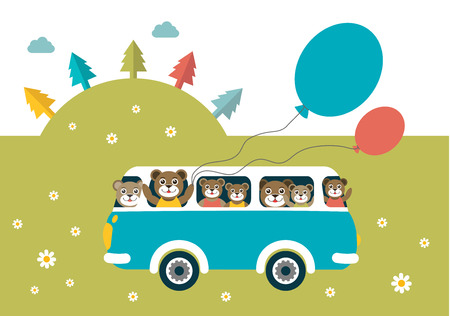 Kids theme. Bus with happy bears. Happy birthday child card. Vector.のイラスト素材