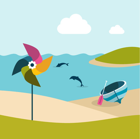 Summer beach day. Boat and pinwheel. Flat design.のイラスト素材