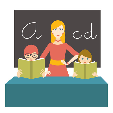 Teacher woman with pupils reading and books in class room. Flat design.のイラスト素材