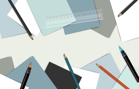 Technical workplace. Top view of desk top surrounded by papers, technicals Pancils and pens.