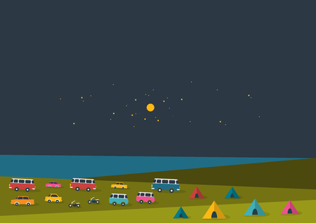 Summer night festival, party music poster background with color flags and retro cars, vans, buses and tent field. Flat design.のイラスト素材