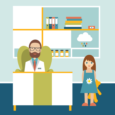 Doctor and patient in little friendly office surgery. Pediatric clinic. Flat cartoon vector illustration.のイラスト素材