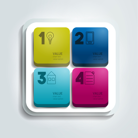Multicolor 3D infographics square banner options Divided 4 cube parts. Four steps workflow design vector.のイラスト素材