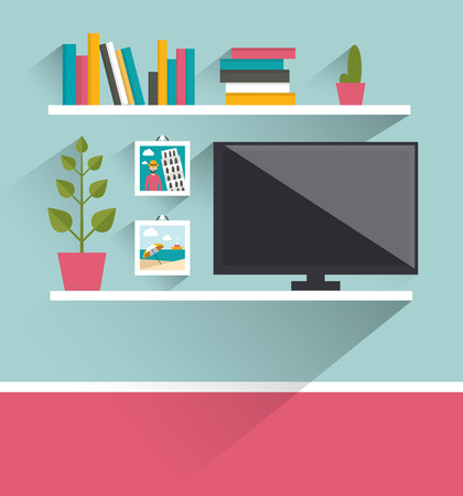 Living room interior. Tv and book shelves. Flat design vector illustration.のイラスト素材