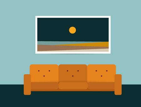 Living room interior. Retro style sofa and carpet. Flat design vector illustration.のイラスト素材