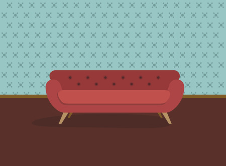 Retro red sofa and wall paper. Flat design vector illustration.のイラスト素材