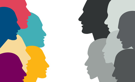 Various people head in color dialogue. Flat vector.のイラスト素材