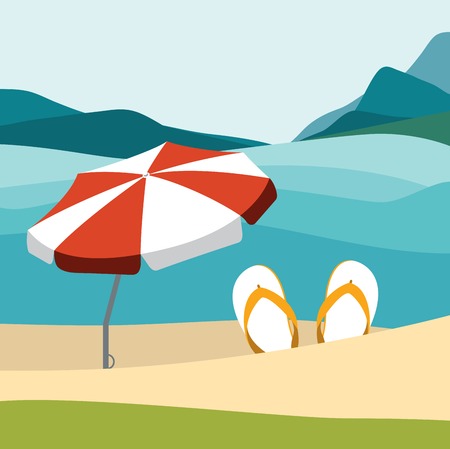 Summer beach with color flip flops and red umbrella. Flat design illustration.のイラスト素材