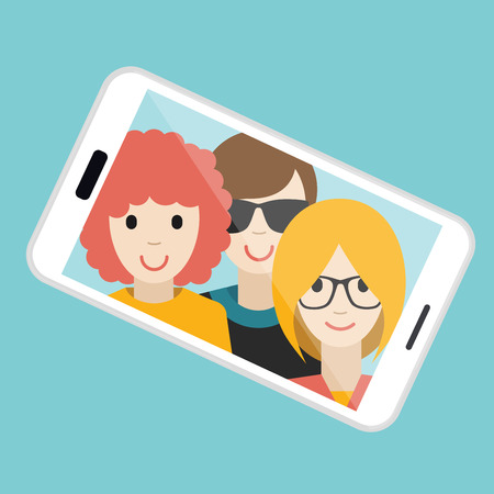Three friends making summer selfie photo. Vector cartoon illustration.のイラスト素材