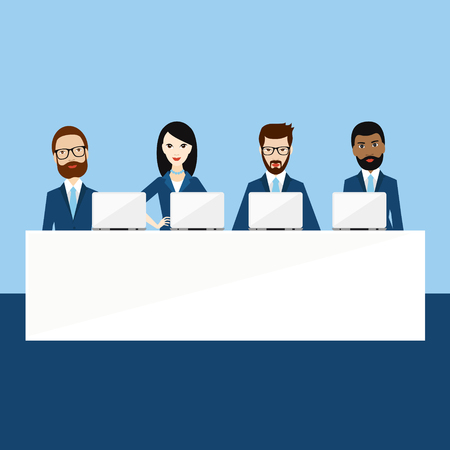 Meeting or conference of managers, presentation, speech, leadership, summit, business training. Flat vector illustration.のイラスト素材