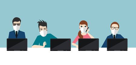 Business people in the office wear mask to prevent corona virus. Flat vector.のイラスト素材
