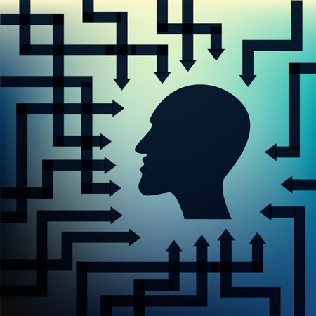 Human head with arrows symbolizing information, data, mathematical symbols.のイラスト素材