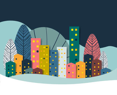 Landscape, winter town, city, nature panorama. Paper cut illlustration.のイラスト素材