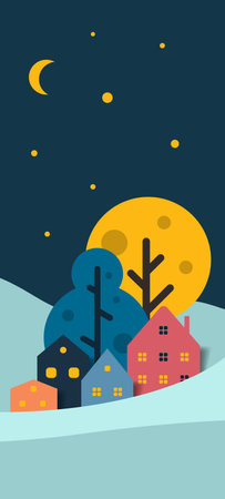Village, night panorama. Houses scenery Vector paper cut illustration.のイラスト素材