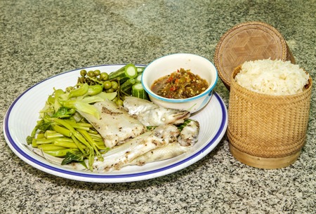 Seamed fish with spicy chili pasteの写真素材