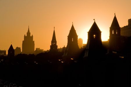 High contrast profiles of Moscow Kremlin towers and Stalin period scyscraper の写真素材