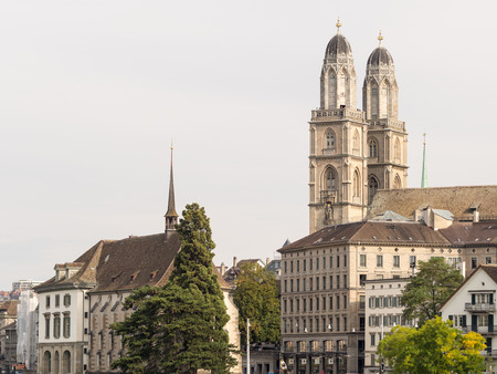 Grossmunster medieval church and surroundings in center of Zurich, Switzerlandの写真素材