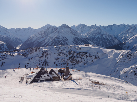 Restaurant on top on skiing resort in Mayrhofen, Austriaの写真素材
