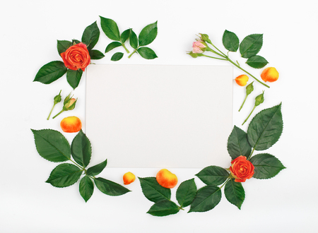 Two roses with rose petals and a blank white card on white background, Top view. Flat layの写真素材
