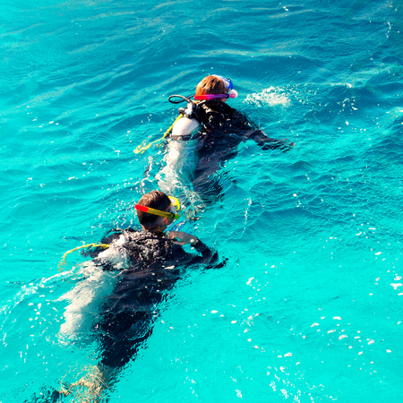 Couple of divers swim in the blue ocean on a sunny dayの写真素材