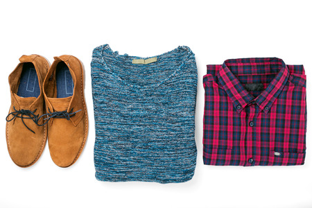 Set men's clothes collage with shirt, sweater and shoes on white background, flat layの写真素材