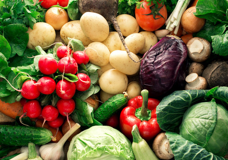 Colorful vegetables background. Set of fresh vegetables close up, top viewの写真素材