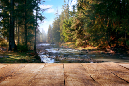 Empty wooden table  against the background of a forest with a mountain stream for product montageの写真素材