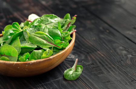 Wooden plate with mix of fresh leaf salad close up with copy space. Healthy food. Green mealの写真素材