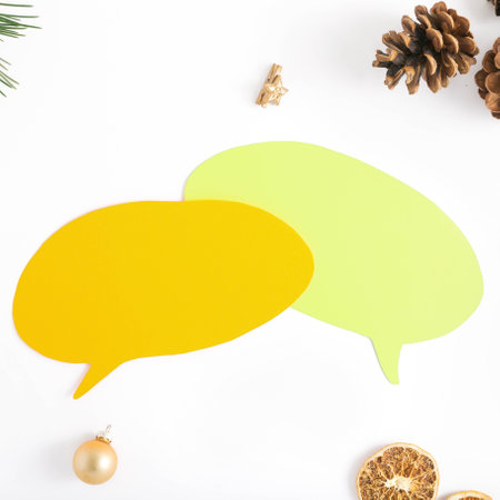 Icon thoughts, branch of Christmas tree, pine cone, dry orange, Christmas balls on white background,...
