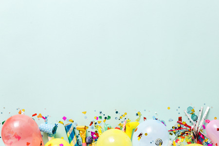 Flat lay decoration party concept on pastel blue background with copy space top viewの写真素材