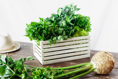 Freshly herbs in wooden box on white background. Harvesting concept
