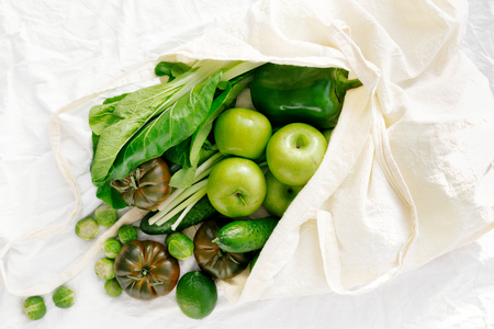 Fresh Organic Food With Fabric Eco Shopping Bag on whiteの写真素材