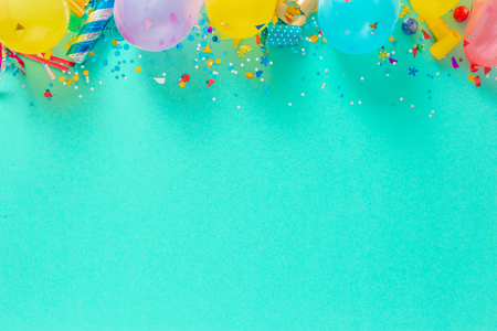 Decoration party. Balloons and various party decorations with copy space top viewの写真素材
