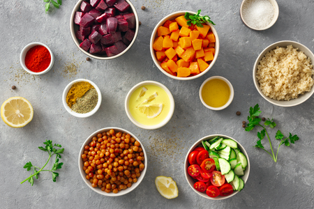 Cooking healthy vegetarian food top view. Set of  ingredients for preparation vegan dishes flat layの写真素材