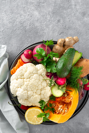 Ingredients for preparation vegetarian Indian dish aloo gobi top view. Healthy foodの写真素材