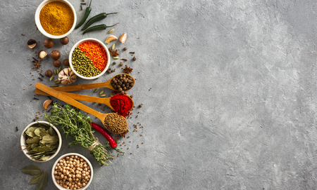 Herb and spices, rice and various beans.の写真素材