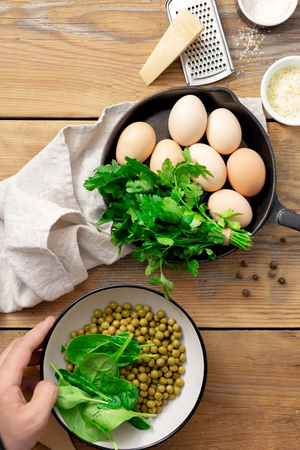 Healthy breakfast top view with ingredient for cooking.の写真素材