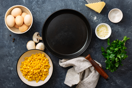 Healthy breakfast table with empty cooking pan and ingredient for cooking.の写真素材