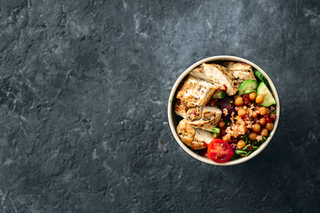 Top view healthy food bowl buddha on dark  with copy space.の写真素材