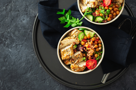 Healthy eating plate top view on dark  with copy spaceの写真素材