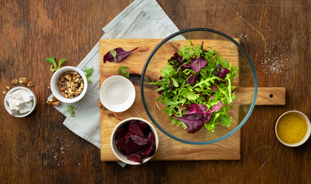 Raw food for cooking fresh salad on wooden table top viewの写真素材