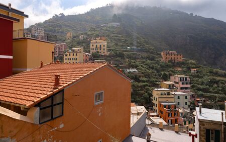 Scenic view of colorful village Riomaggiore in Cinque Terre, Italyの写真素材