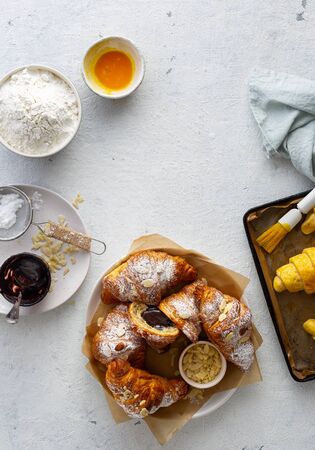 breakfast croissant with chocolate on a white background top viewの写真素材