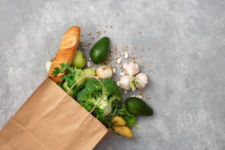 Shopping bag food with healthy food with copy space top viewの写真素材