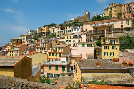 Scenic view of colorful village Riomaggiore in Cinque Terre, Italyの写真素材